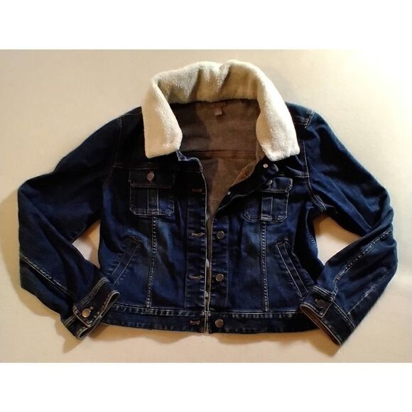J JILL JACKET PETITE SIZE M STRETCH SHERPA COLLAR DENIM JACKET - Picture 1 of 6